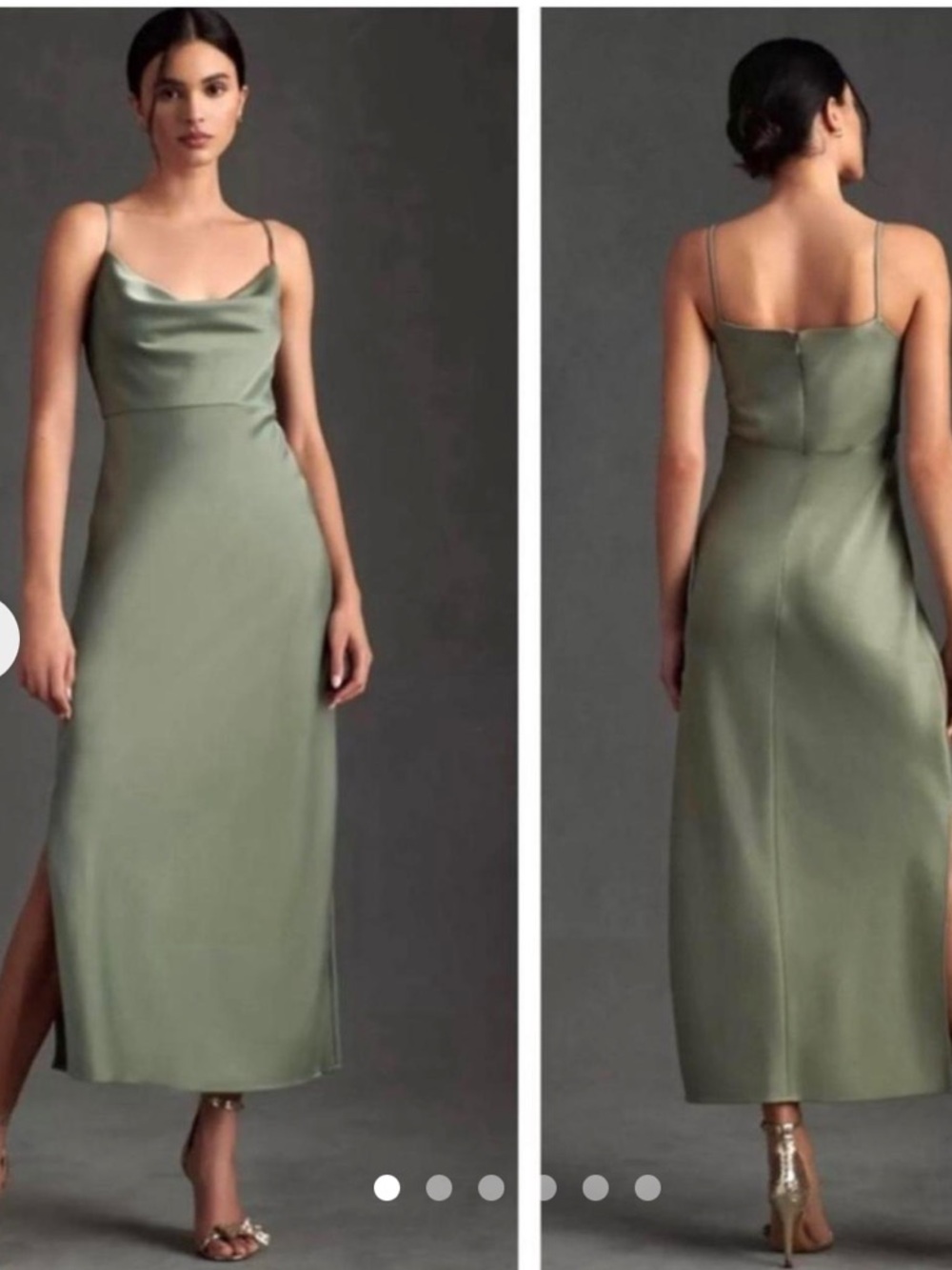 BHLDN Sage & Olive Satin Cowl-Neck Slip Midi Dress